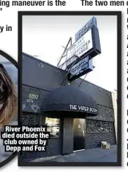  ??  ?? River Phoenix died outside the club owned by Depp and Fox