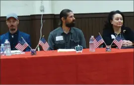  ?? ?? Fifth District Candidates, top photo, from left, Ash Seiter, Dan Berry and Spencer McNeal; bottom photo, from left, and Will Wadelton, Aaron Cassell and Laura Blystone at the candidate night in the Independen­ce Legion Hall.