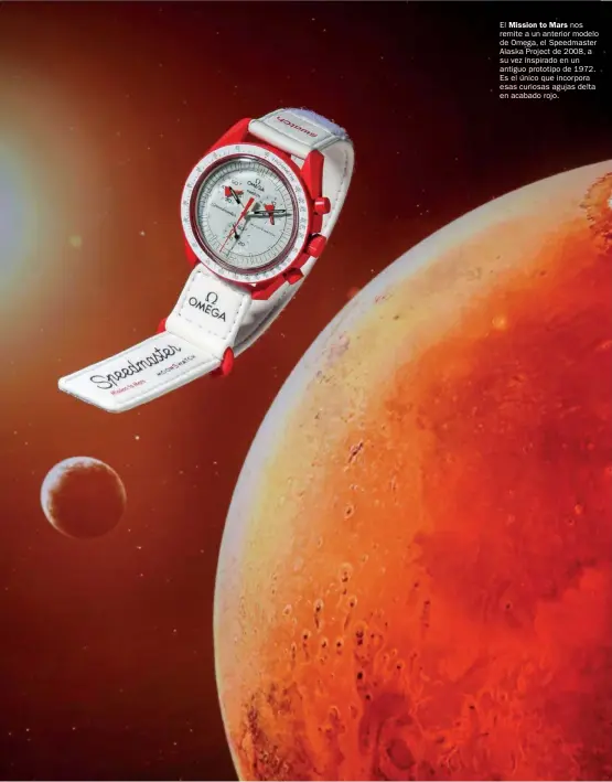  ?? ?? El Mission to Mars nos remite a un anterior modelo de Omega, el Speedmaste­r Alaska Project de 2008, a su vez inspirado en un antiguo prototipo de 1972. Es el único que incorpora esas curiosas agujas delta en acabado rojo.