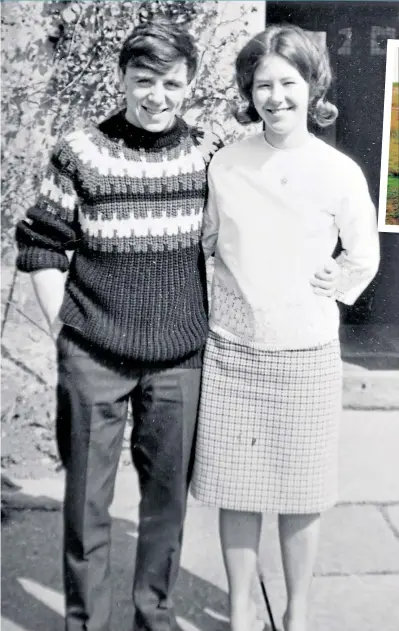  ??  ?? ● Tom and Issy Pitcairn, above, not long after they first met in the 1960s and, above right, stopping off for a walk with their dog while out on a campervan road trip in Scotland