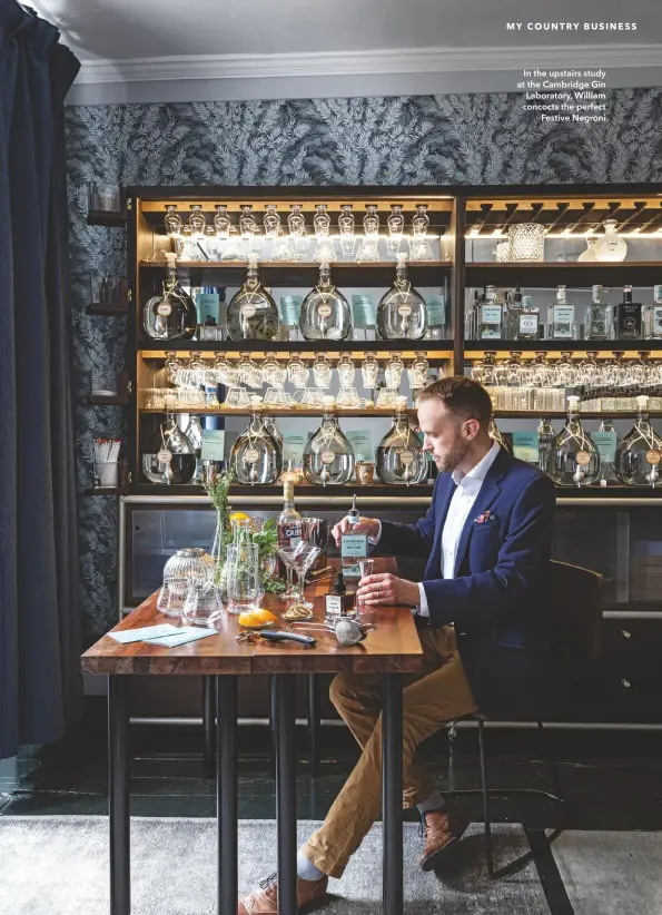  ??  ?? In the upstairs study at the Cambridge Gin Laboratory, William concocts the perfect Festive Negroni