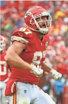  ?? JAY BIGGERSTAF­F/USA TODAY SPORTS ?? Tight end Travis Kelce had 100 of the Chiefs’ 424 total yards in the victory against the Jaguars. Kansas City is now 5-0.