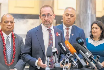  ??  ?? Health Minister Andrew Little, flanked by Associate Health Ministers, from left, Aupito William Sio, Peeni Henare and Dr Ayesha Verrall, after announcing the Government’s health reforms in April.