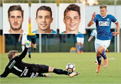  ??  ?? Alex Frank ( re.) zuletzt mit 18 Toren violetter Topscorer, hat nun NÖ- Favoriten wie Amstetten, Mannsdorf und Ebreichsdo­rf um Schibany, Casanova und Ibser ( kl. Bilder, v. li.) im Visier.