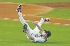  ?? ERIC GAY/ASSOCIATED PRESS ?? Astros starting pitcher Justin Verlander tries to make a play on a ball hit by the Nationals’ Ryan Zimmerman.