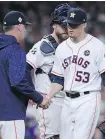  ?? TOM PENNINGTON/GETTY IMAGES ?? It was another rough outing for Astros closer Ken Giles Saturday as he gave up three runs in the ninth inning of L.A.’s 6-2 victory.