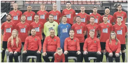  ?? Pictures by Paul Proctor ?? LINING UP Casey Bartlett-Scott is pictured back row second left in the 2020/21 Fareham Town pre-season team picture. Below - Bartlett-Scott scores against Brockenhur­st