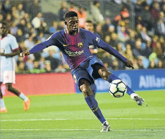  ?? FOTO: MANEL MONTILLA ?? Dembélé, ayer con la zurda El francés marcó su primer gol en Liga gracias a esta volea. Su otro gol con el Barça, al Chelsea, lo anotó con la derecha