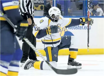  ?? DILIP VISHWANAT/GETTY IMAGES ?? Nashville’s P.K. Subban celebrates a goal against the St. Louis Blues during Game 1 of their second round series on Monday in St. Louis, Missouri.