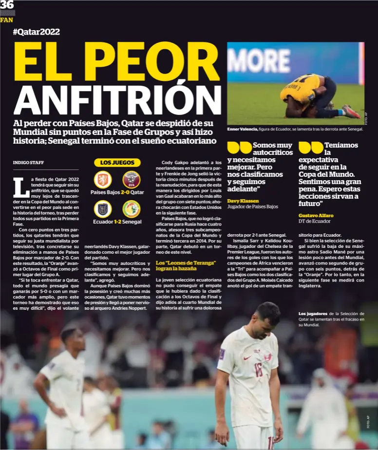  ?? ?? Enner Valencia, figura de Ecuador, se lamenta tras la derrota ante Senegal.
Los jugadores de la Selección de Qatar se lamentan tras el fracaso en su Mundial.