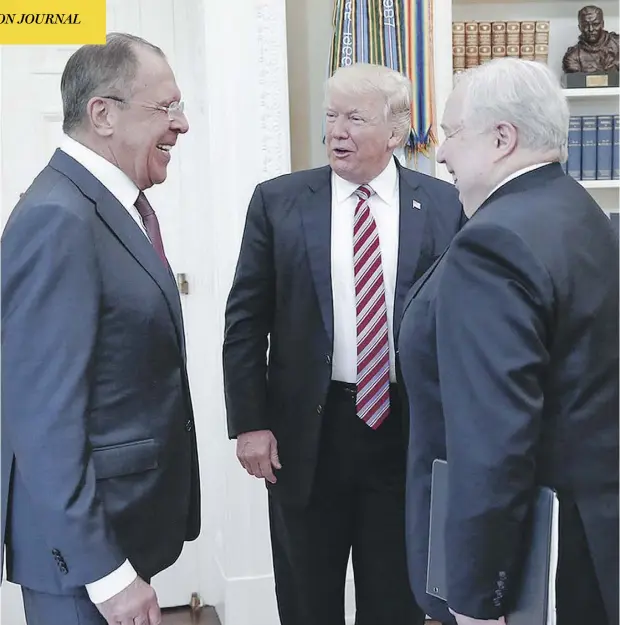  ?? RUSSIAN FOREIGN MINISTRY PHOTO VIA AP ?? U.S. President Donald Trump meets with Russian Foreign Minister Sergey Lavrov, left, and Russian Ambassador to the U.S. Sergei Kislyak on Wednesday., a day after Trump fired the FBI chief who was looking into ties between Trump associates and Russia during the election campaign.