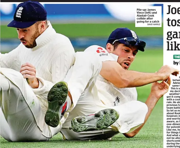  ?? DAVID MARIUZ ?? Pile-up: James Vince (left) and Alastair Cook collide after going for a catch