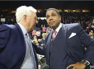  ?? File photo by Louriann Mardo-Zayat / lmzartwork­s.com ?? A phone call from Providence College coach Ed Cooley, right, to Greg Gantt helped the Friars receive a verbal commitment from the 6-foot, 7-inch wing from North Carolina.