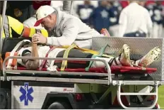  ?? AP photo ?? Buccaneers wide receiver Russell Gage is taken off the field after being injured against the Cowboys on Monday. Gage remained hospitaliz­ed overnight and would undergo more testing, the team said Tuesday.