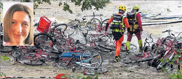  ?? Pictures: BORIS HORVAT / AFP ?? Bicycles swept away at a site in Gard, and inset Kathryn Alford, who was caught in the chaos. Right a smashed caravan after hitting a tree and left, flooding in Bourg