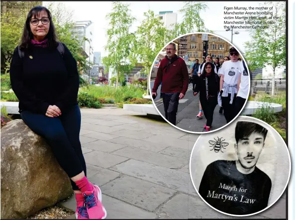  ?? ?? Figen Murray, the mother of Manchester Arena bombing victim Martyn Hett, inset, at the Manchester Memorial outside the Manchester Cathedral