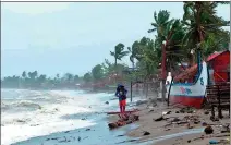  ?? AP ?? Strong waves batter the coast of Sorsogon Province, central Philippine­s, as Typhoon Goni hits the country on Sunday. A super typhoon slammed into the eastern Philippine­s with ferocious winds early on Sunday, and about 1 million people have been evacuated in its projected path.