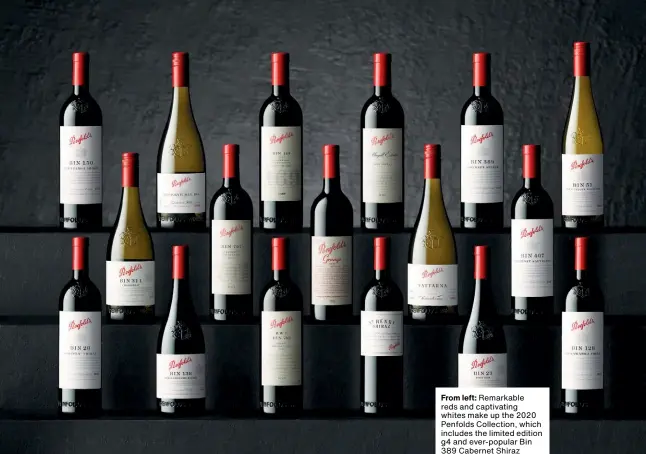  ??  ?? From left: Remarkable reds and captivatin­g whites make up the 2020 Penfolds Collection, which includes the limited edition g4 and ever-popular Bin 389 Cabernet Shiraz