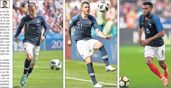  ??  ?? ‘LES BLEUS’ ATLÉTICOS. Griezmann, Lucas y Lemar, compañeros en Francia, lo serán también en el Atlético.