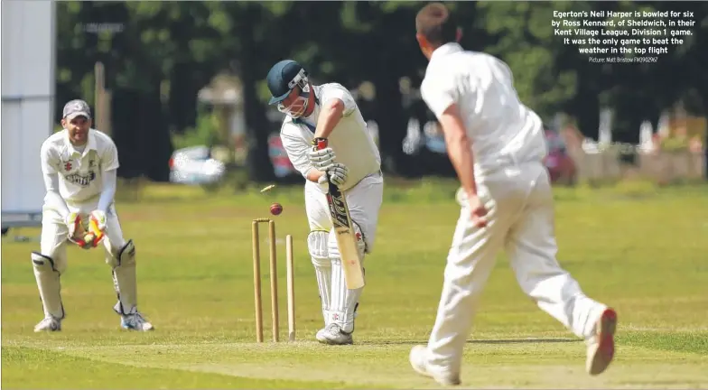  ?? Picture: Matt Bristow FM3902967 ?? Egerton’s Neil Harper is bowled for six by Ross Kennard, of Sheldwich, in their Kent Village League, Division 1 game. It was the only game to beat the
weather in the top flight