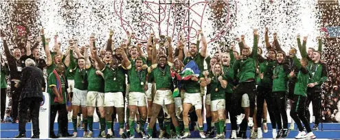  ?? Picture: Steve Haag/Gallo Images ?? Captain Siya Kolisi celebrates with his team after winning the RWC final against the All Blacks. It was a competitio­n that served up many controvers­ies.