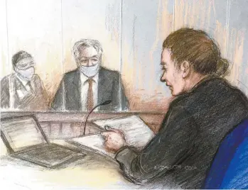  ?? ELIZABETH COOK ASSOCIATED PRESS ?? Une illustrati­on montre Julian Assange (au centre) à la cour de Westminste­r, mercredi à Londres.