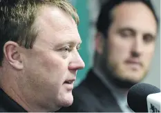  ?? DON HEALY FILES ?? With a dismal 1-7 record this season, everyone is fair game for some finger-pointing, including Roughrider­s coach and GM Chris Jones, left, and president-CEO Craig Reynolds.