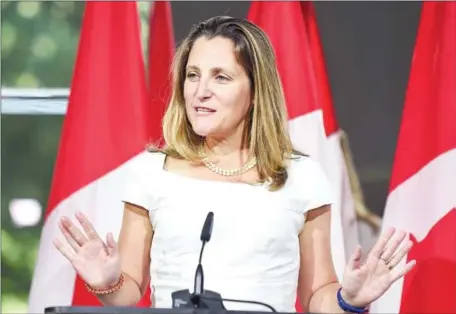  ?? AFP ?? Canadian foreign minister Chrystia Freeland speaks at a press conference at the Embassy of Canada in Washington.