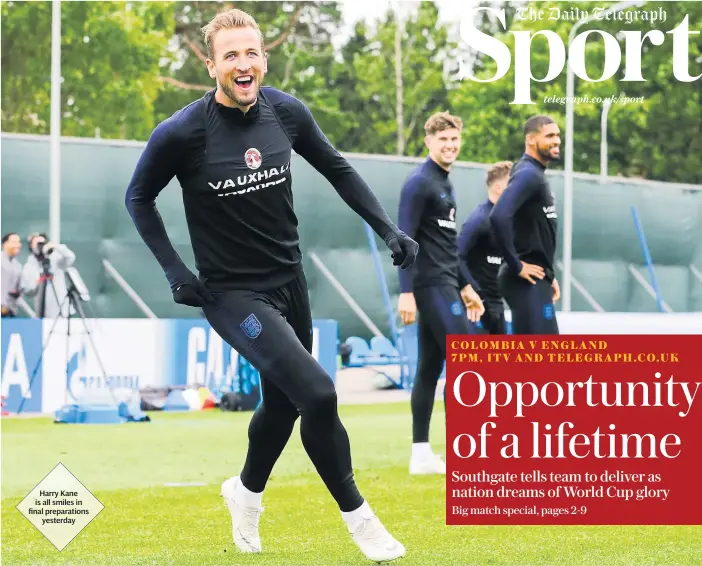  ??  ?? Harry Kane is all smiles in final preparatio­ns yesterday