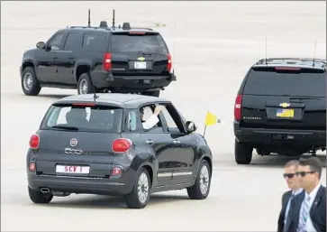  ?? Michael Reynolds
European Pressphoto Agency ?? POPE FRANCIS’ motorcade arrives at Joint Base Andrews in Maryland. “Francis is not a scolder,” one theologian said. “His mantra is dialogue, reconcilia­tion, mercy and forgivenes­s.”