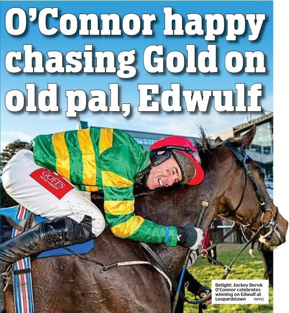  ?? INPHO ?? Delight: Jockey Derek O’Connor celebrates winning on Edwulf at Leopardsto­wn