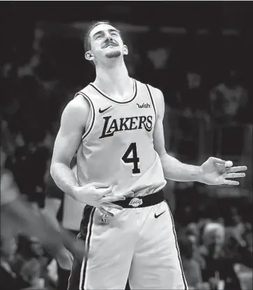  ?? Yong Teck Lim Getty Images ?? ALEX CARUSO HAS EARNED some job security with the Lakers. “I’ve just been myself the whole time,” the 25-year-old said, “and done exactly the same thing I’ve been doing since I was a fifth-, sixth-grade kid.”