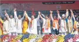  ?? ANI ?? Leader of Opposition in West Bengal Assembly Suvendu Adhikari, BJP state chief Sukanta Majumdar, and others during the ‘Sandeshkha­li Chalo’ rally, at Nazat in Sandeshkha­li on Sunday.