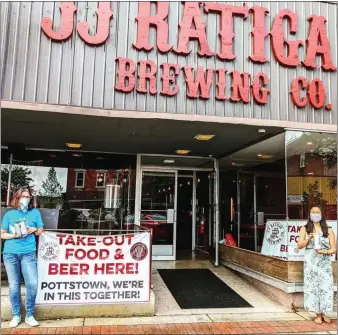  ?? SUBMITTED PHOTO ?? Pottstown Mayor Stephanie Henrick, left, and Royersford Mayor Jenna Antoniewic­z, right, as seen at J.J. Ratigan Brewing Co. in Pottstown. J.J. Ratigan and Stickman Brews of Royersford went head to head during the latest Shop Small to Win Big event to see which brewery could generate the most receipts in one day. J.J. Ratigan generated the most receipts, so Antoniewic­z came to Pottstown for takeout.