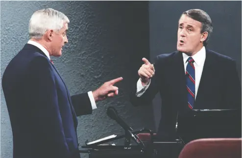  ?? FRED CHARTRAND / THE CANADIAN PRESS FILES ?? Liberal John Turner, left, and Conservati­ve Brian Mulroney point fingers at each other during a debate in the 1988 federal election campaign. Mulroney’s glittering political career had granted him the splendour of views from the highest mountain tops and the valleys of painful defeats, John Ivison writes.