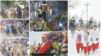  ?? FOTOS: WIKIMEDIA COMMONS/RASEMANN/LANG ?? Die Pferde sind bei der „Romería del Rocío“in Spanien (oben l.) nicht wegzudenke­n. Genauso wie beim Pferderenn­en im italienisc­hen Siena (Mitte l.), bei der Stampede-Parade in Kanada (l. unten), beim Shingen-ko-Matsuri in Japan (Mitte o.), dem Bad Wurzacher Blutritt (Mitte unten) und der Reiterproz­ession in Eisenharz (r.)