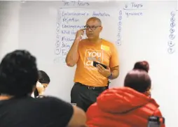  ??  ?? Terry Fulton, leading a workshop for high school summer interns at Airbnb in San Francisco, talks about pitfalls that can limit achievemen­t.