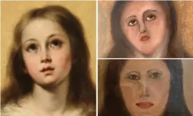  ??  ?? Bartolomé Esteban Murillo’s original work (left) and two attempts at restoring it. Photograph: Cedida por Coleccioni­sta/Europa Press 2020