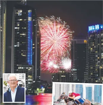  ??  ?? Q1 turns green and fireworks are set off to honour our healthcare workers and celebrate the easing of restrictio­ns in Surfers Paradise; and (insets) the Magic Millions barrier draw, also a production by Mike Winlaw.