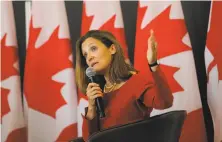  ?? David Kawai / Bloomberg ?? Chrystia Freeland, Canada’s foreign affairs minister, speaks about NAFTA during an event at the University of Ottawa.