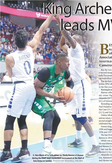  ?? PHOTO BY RUSSELL PALMA ?? Ben Mbala of La Salle drives on Thirdy Ravena of Ateneo during the UAAP men’s basketball tournament at the Mall of Asia Arena on Sunday.