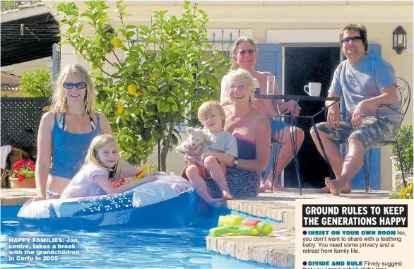  ??  ?? HAPPY FAMILIES: Jan, centre, takes a break with the grandchild­ren in Corfu in 2005
No, you don’t want to share with a teething baby. You need some privacy and a retreat from family life.