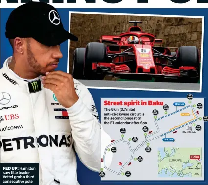  ??  ?? FED UP: Hamilton saw title leader Vettel grab a third consecutiv­e pole