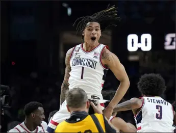  ?? BRYNN ANDERSON — THE ASSOCIATED PRESS ?? Uconn guard Solomon Ball celebrates as time expires against Purdue on Monday in Glendale, Ariz.