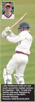  ?? Pictures: SAM BLACKLOCK ?? Luke Henderson (main pic and inset) scored his maiden century for Eppleton - 146 - to help the Hetton side beat Stockton by five wickets in the NEPL Premier Division.