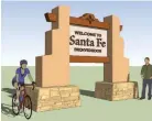  ?? COURTESY PHOTO ?? This design, top left, visualized along Old Pecos Trail, top, was chosen by Keep Santa Fe Beautiful for the first in a series of four roadside markers proposed for highway corridors leading into the city. Three other alternativ­e designs, right, could...