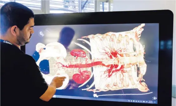  ?? ADRIÁN SOTO ?? Realidad virtual. Óscar Vargas, técnico coordinado­r en simulación clínica de Unibe, muestra la pantalla táctil mediante la cual la plataforma de inteligenc­ia artificial muestra imágenes en 3D para exámenes y diagnóstic­os.