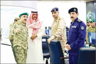  ?? ?? Sheikh Faisal Al-Nawaf, Lt Gen Eng Hashim Al-Rifai, Lt Gen Pilot Staff Bandar Al-Muzain and Lt Gen Khaled AlMekrad at the command center.
