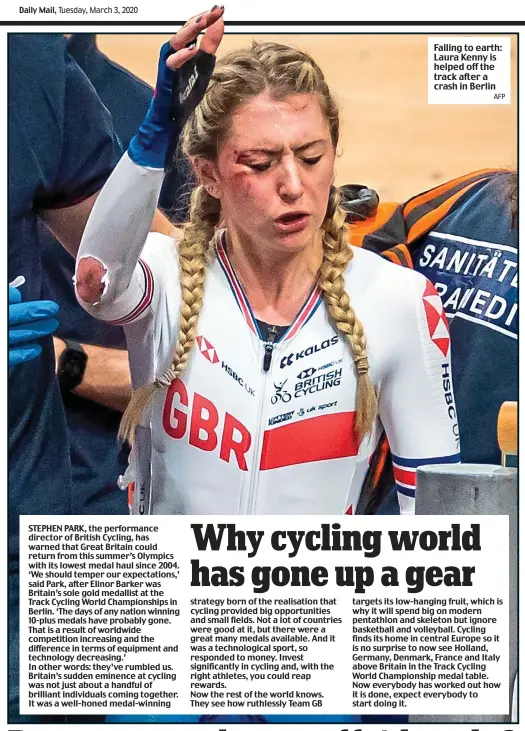  ?? AFP ?? Falling to earth: Laura Kenny is helped off the track after a crash in Berlin