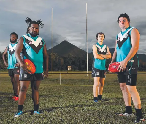  ?? Picture: STEWART McLEAN ?? GIANT STEP: Pyramid Power players Edward Anau, Edward Nawakie, Dom Bryan and Chris Wray are ready to play at their home ground this weekend as the club prepares to join the senior AFL Cairns football competitio­n next year.